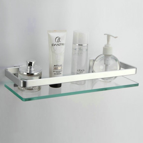 Bathroom Wall Mounted Glass Shelf with 8MM Extra Thick Glass & Retangular 1 Tier Storage Organizer, Sliver WMBS004A